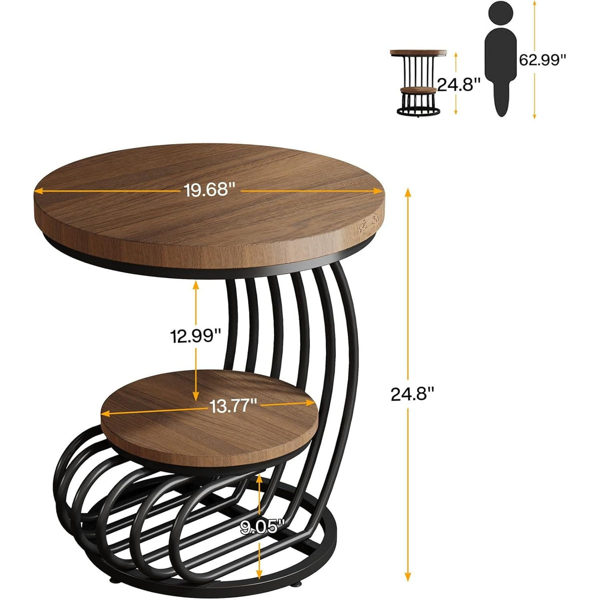 Round Vintage End Table with 2 Tier Storage - Dark Brown, Light Brown, White