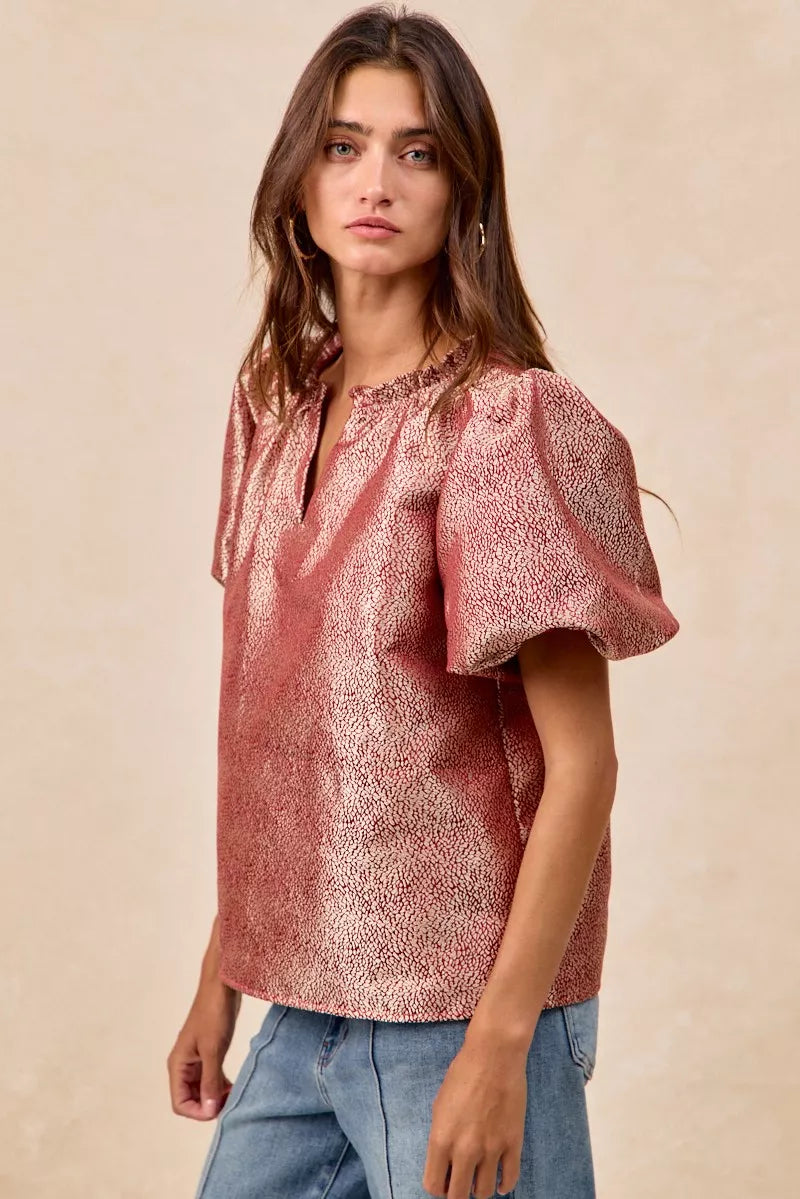 BiBi Jacquard Woven Short Balloon Sleeves V Neck Top