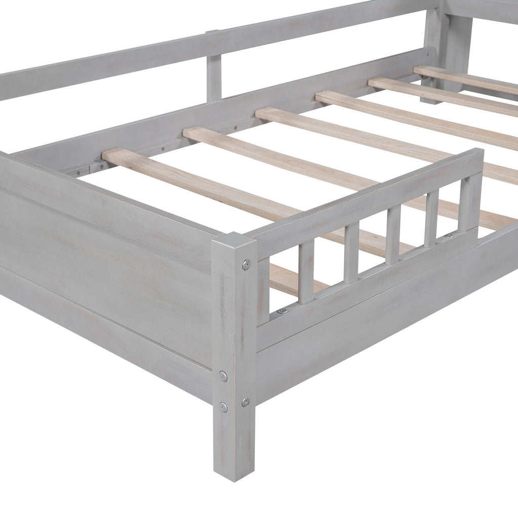 Wood Platform Bed With Built In LED Light, Storage Headboard And Guardrail