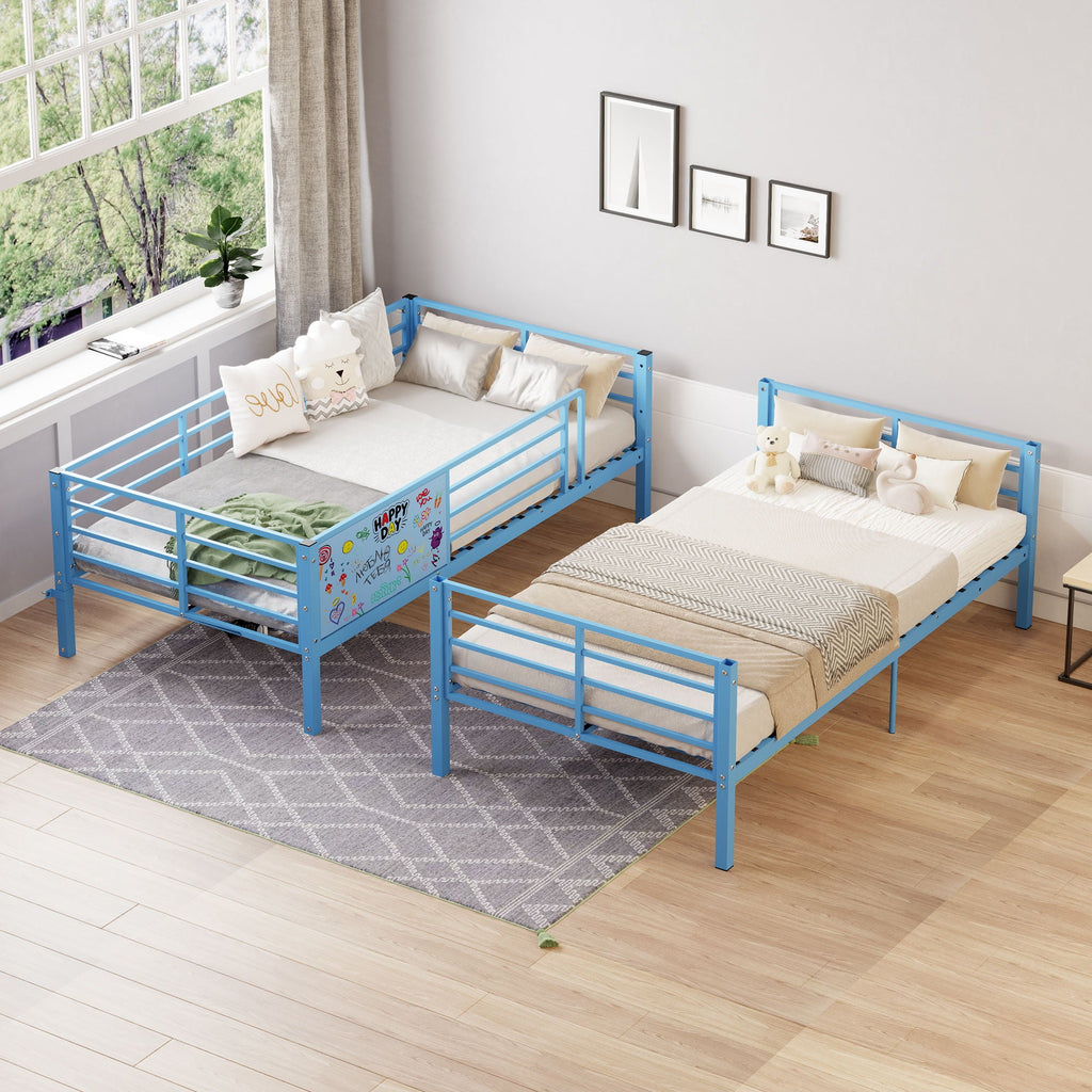 Blue Convertible Twin Bunk Bed with Guardrail and Ladder