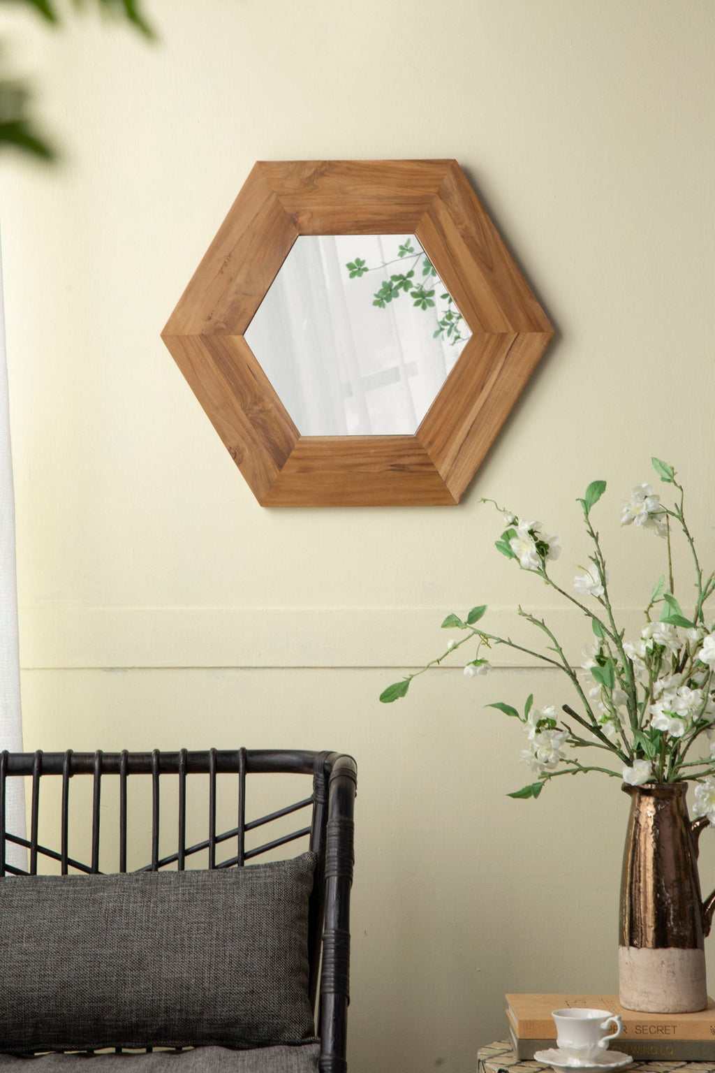 Hexagon Accent Mirror with Solid Teak Wood Frame - Light Brown, Dark Brown, Black