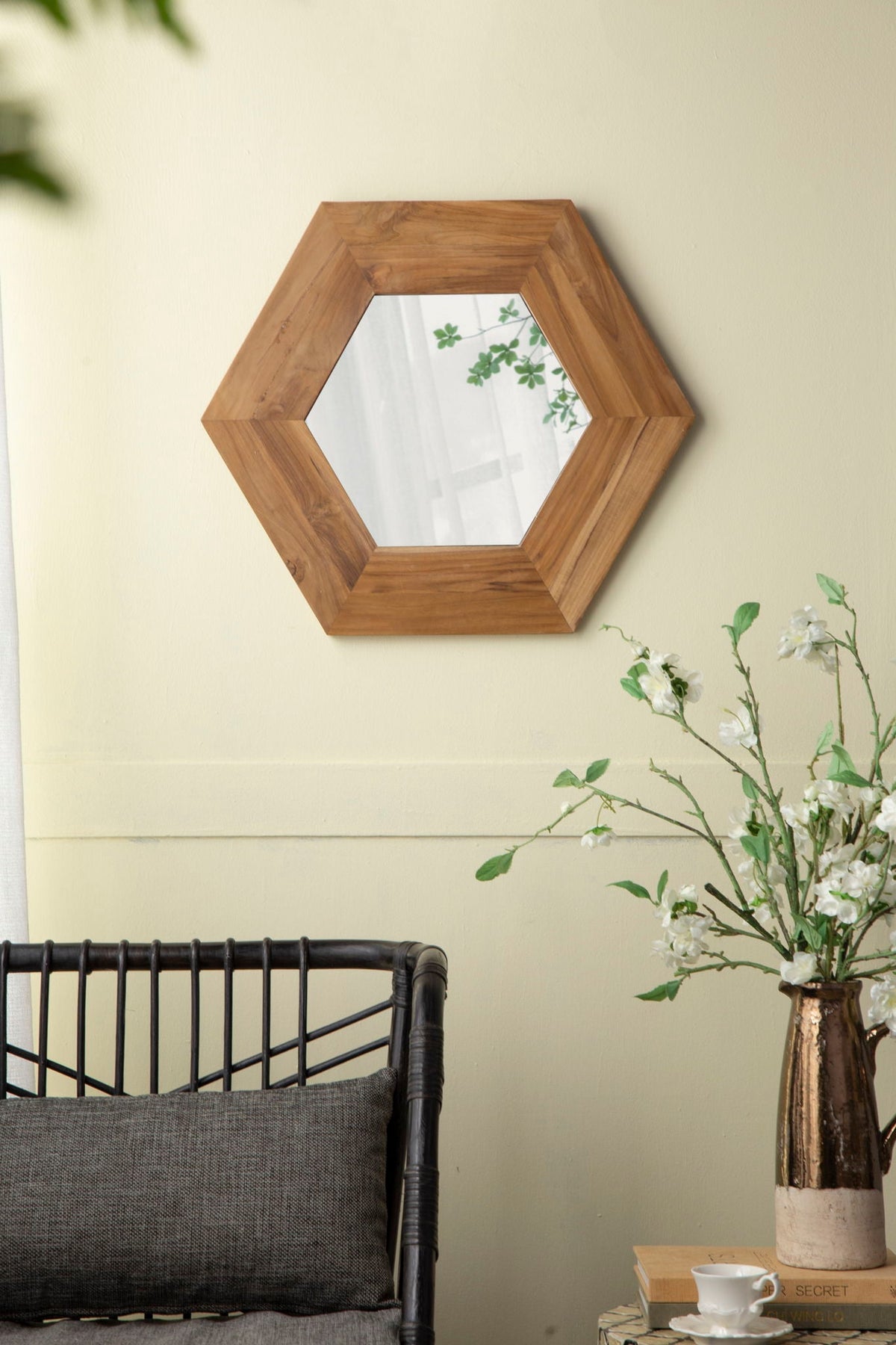 Hexagon Accent Mirror with Solid Teak Wood Frame - Light Brown, Dark Brown, Black