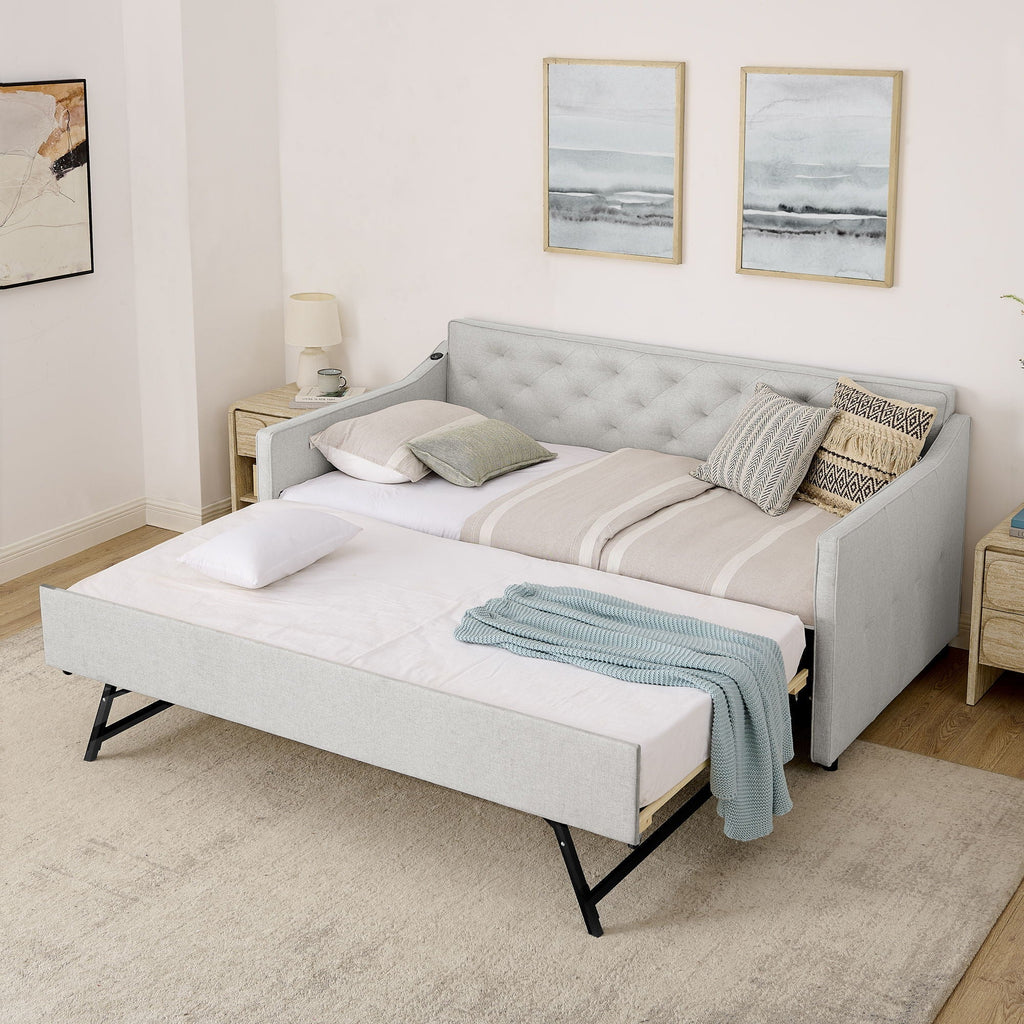Twin Trundle Bed with Pop Up Trundle and USB Charging Armrest - Multiple Colors