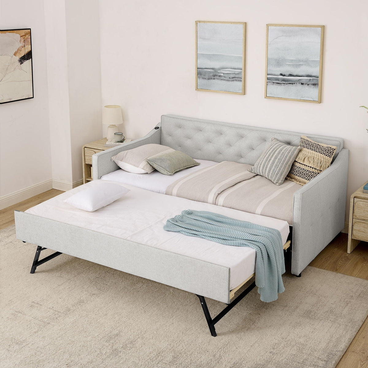 Twin Trundle Bed with Pop Up Trundle and USB Charging Armrest - Multiple Colors