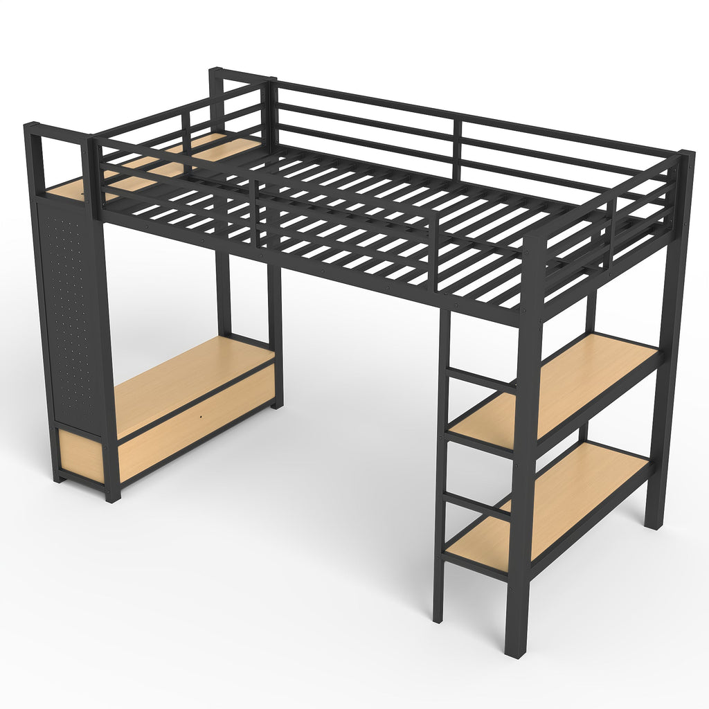 Twin XL Loft Bed Frame with Wardrobe and Shelves - Black