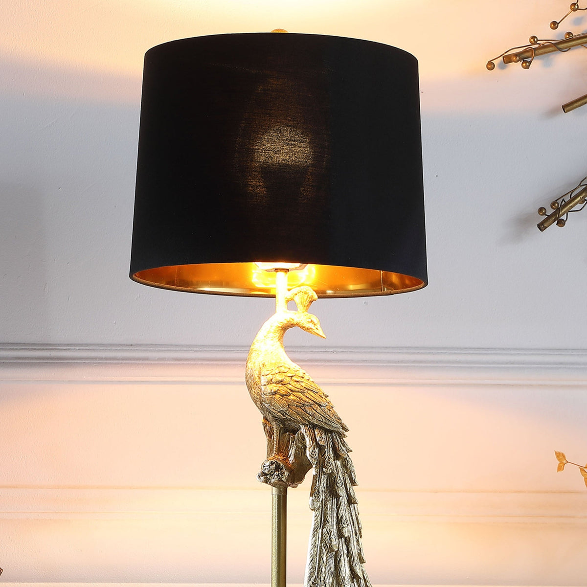 Modern Elegance Golden Peacock Table Lamp with Semi Drum Shade - Gold