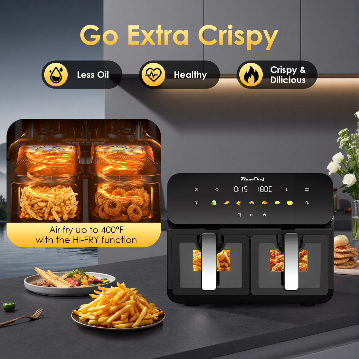 10QT Dual Air Fryer with Double Basket Design and SyncCook - Stainless Steel