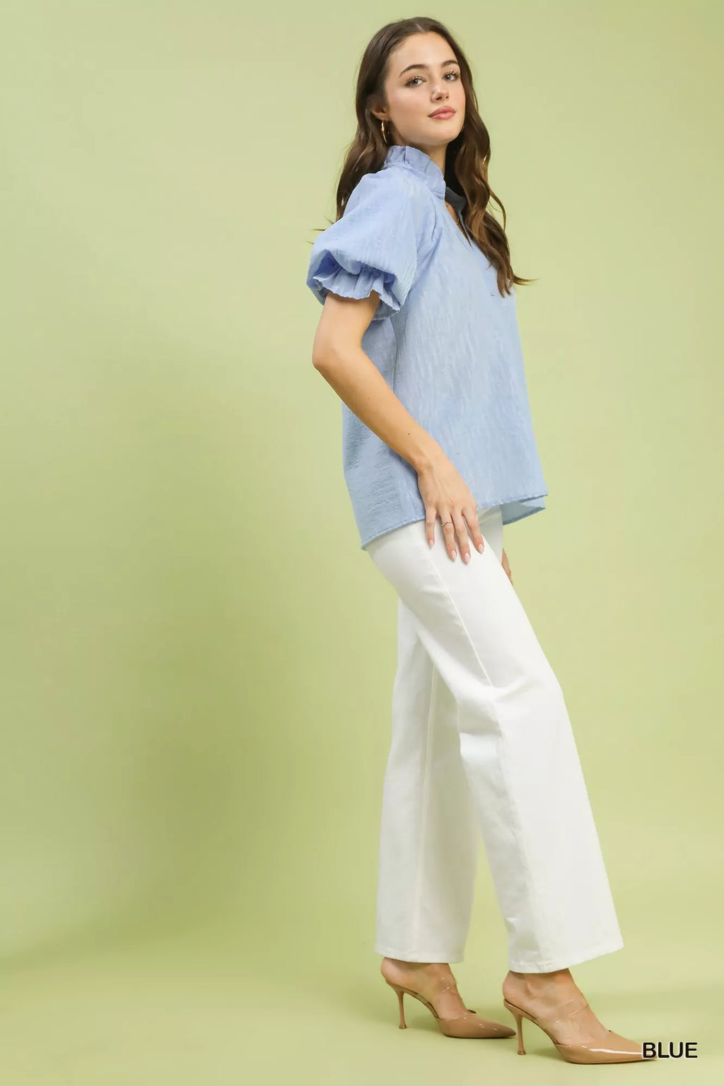 Umgee Textured Puff Sleeve Split Neck Top