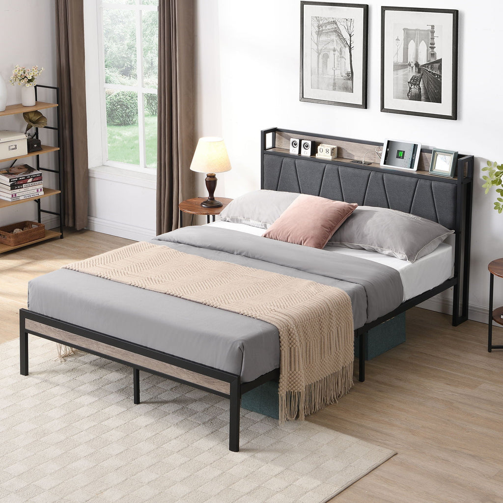 Modern Platform Bed Frame with LED Lights and USB Charging - Dark Brown or Light Brown