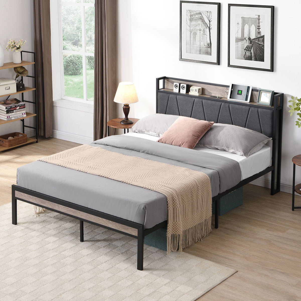 Modern Platform Bed Frame with LED Lights and USB Charging - Dark Brown or Light Brown