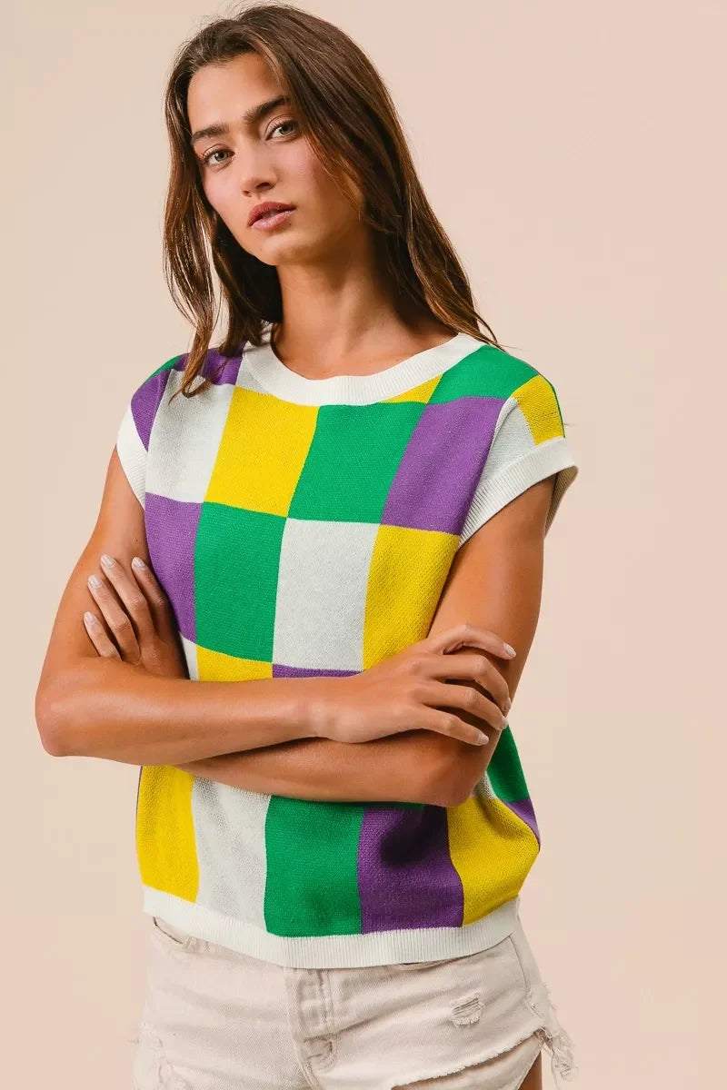 BiBi Mardi Gras Checker Pattern Sleeveless Sweater Top