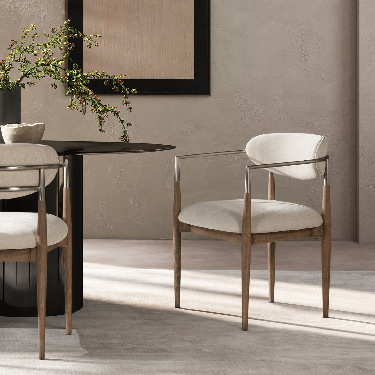 Artemis Mixed Material Upholstered Dining Arm Chair with Brushed Nickel Arms - Warm White
