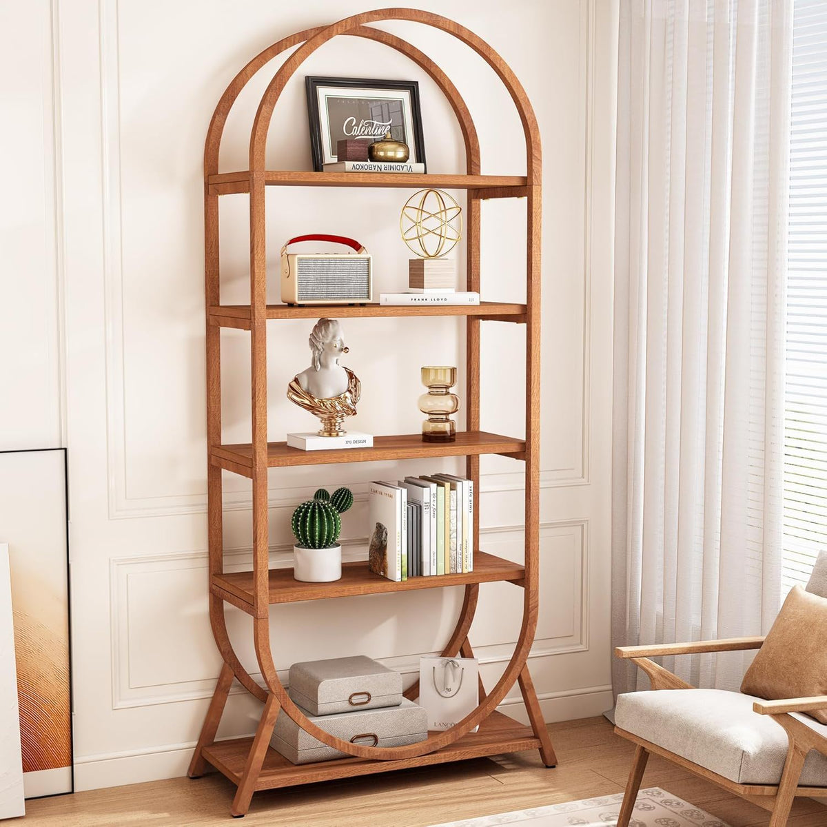 Arched 5 Tier Open Bookshelf with Modern Arch - Brown