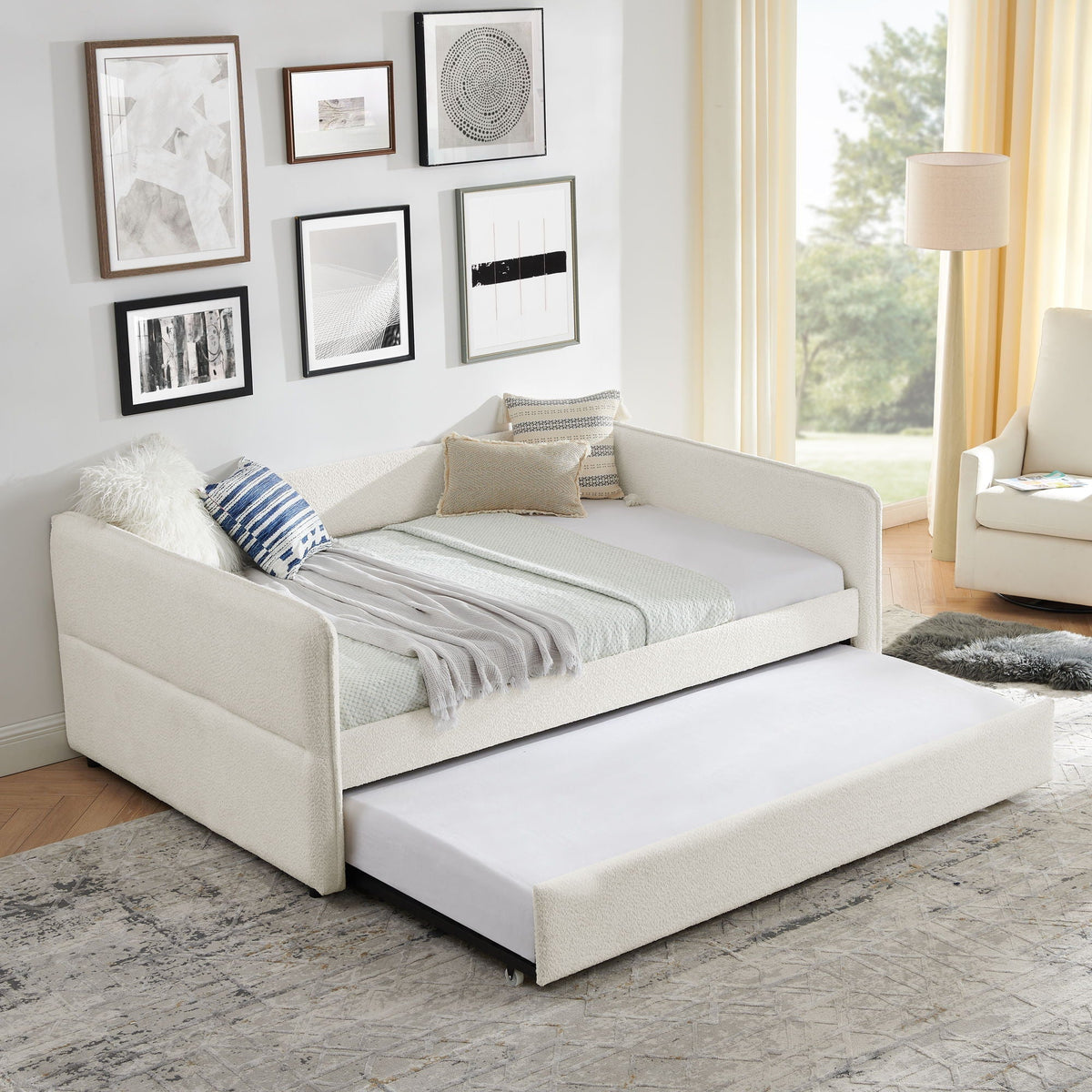 Upholstered Daybed With Pop Up Trundle - Fabric Trundle Bed in Multiple Colors