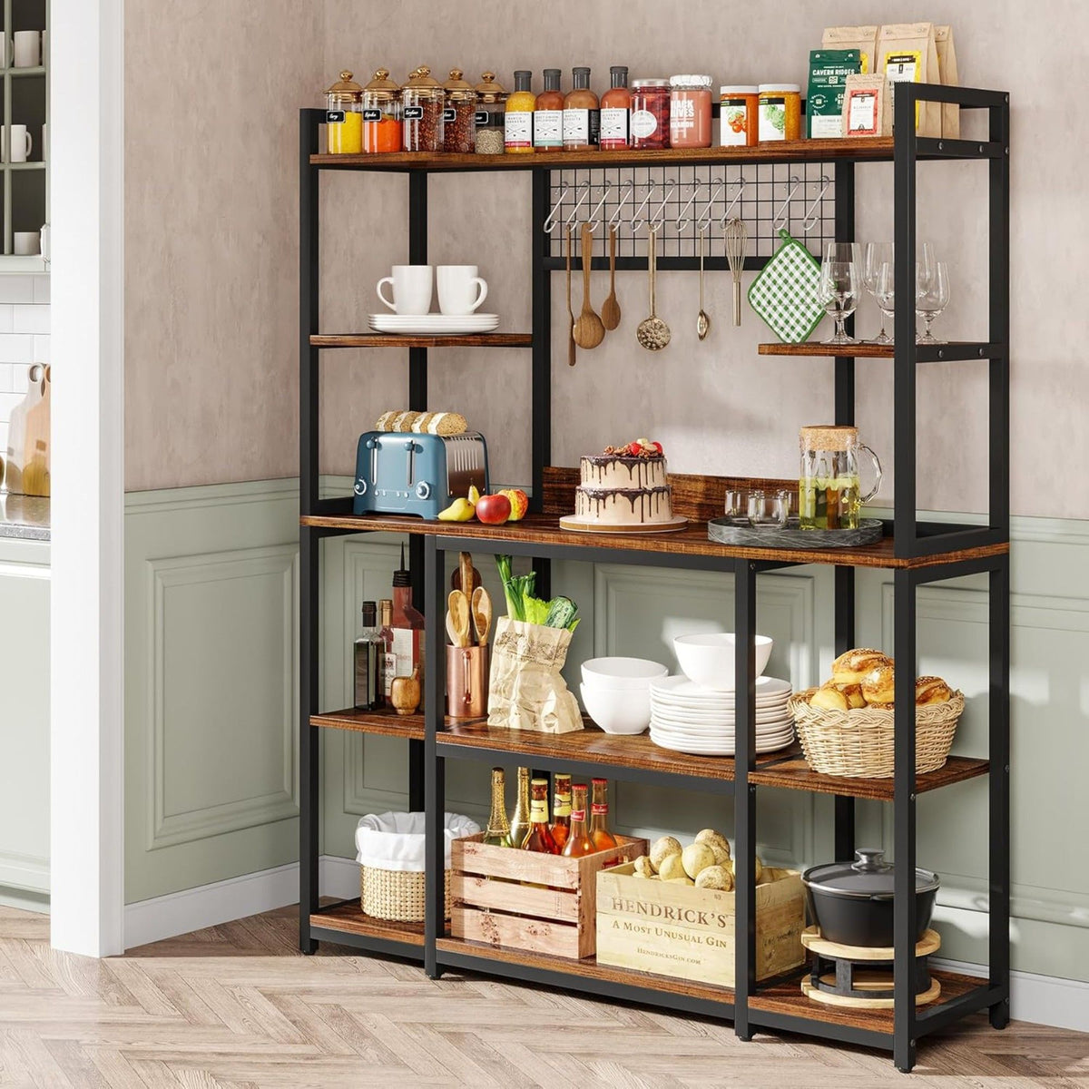 Black Baker's Rack with 5-Tier Storage and Hooks - Freestanding Kitchen Organizer
