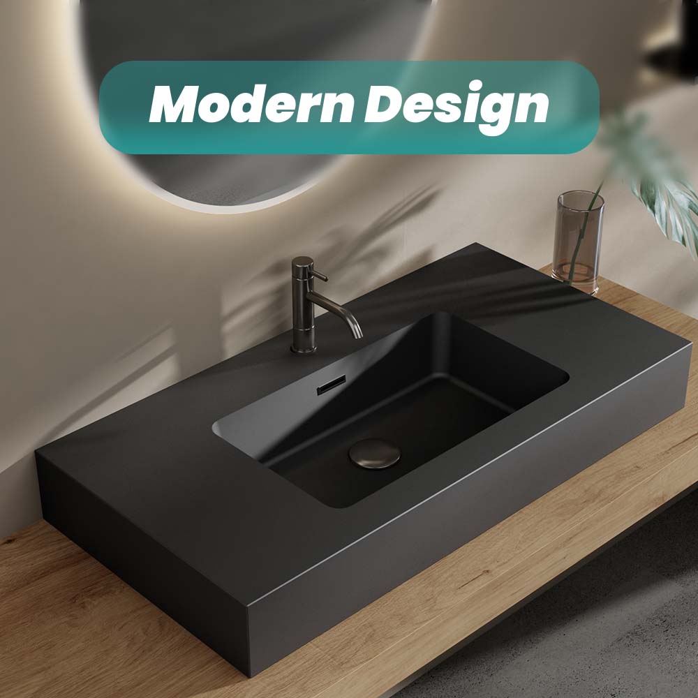 Matte Black Integrated Solid Surface Basin with Built-in Overflow - Matt Black