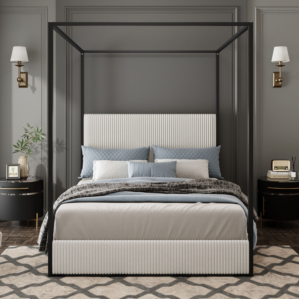 Canopy Bed With Tall Upholstered Headboard and Four Poster - White