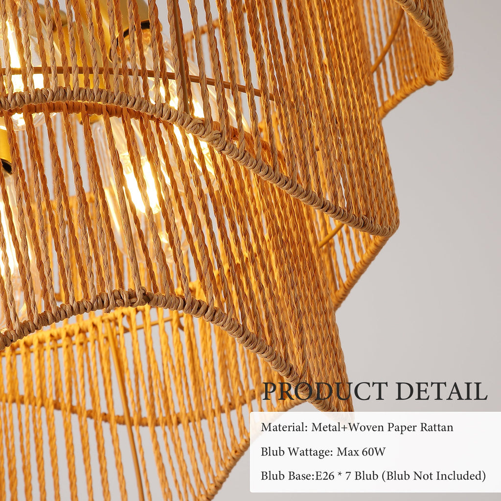 Handwoven Paper Rattan Boho Chandelier with 7-Light E26 Base - Natural