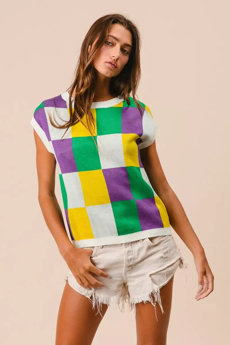 BiBi Mardi Gras Checker Pattern Sleeveless Sweater Top