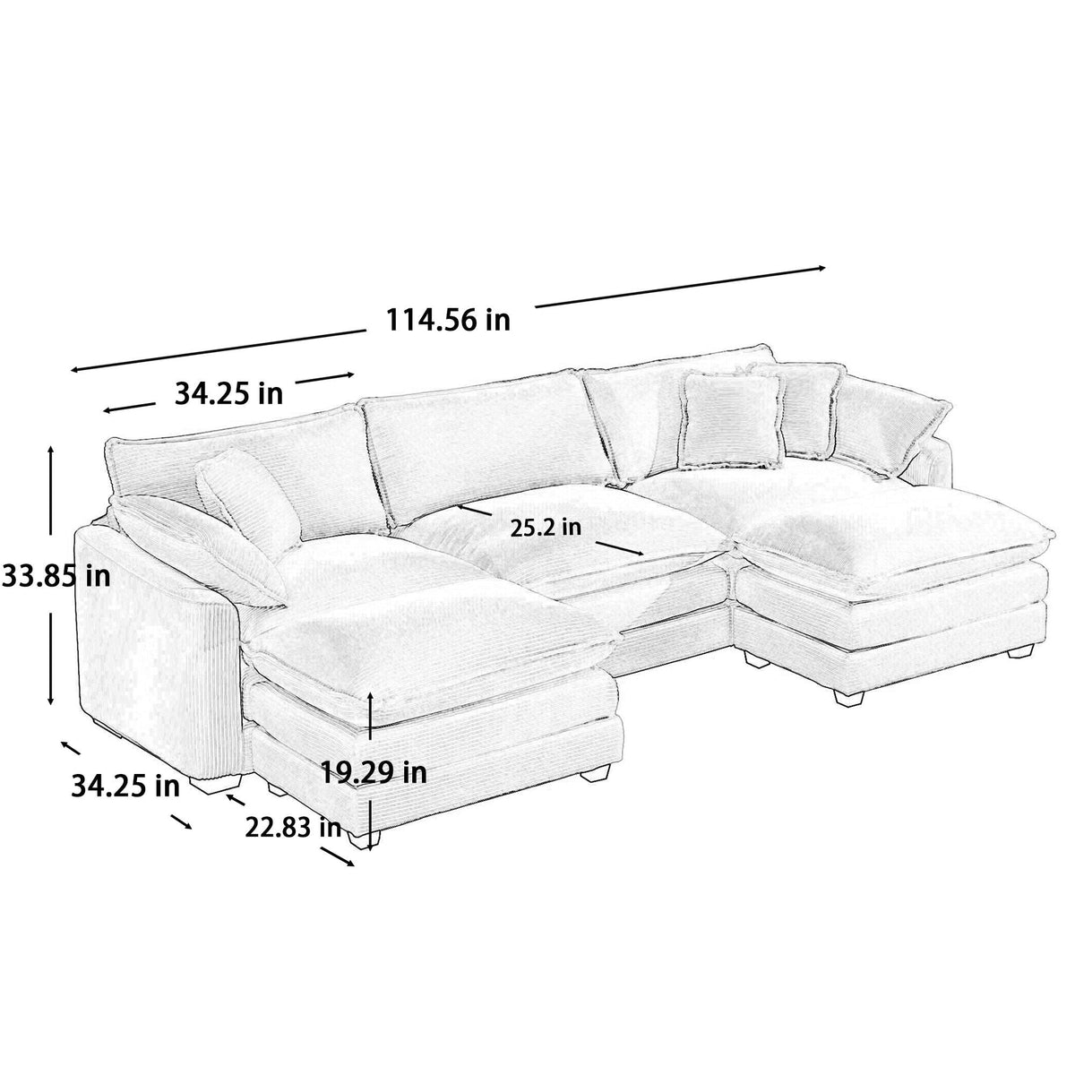 Modern Oversized Modular Cushion Sofa With Ottoman, Low Back, Deep Seating Sofa Set