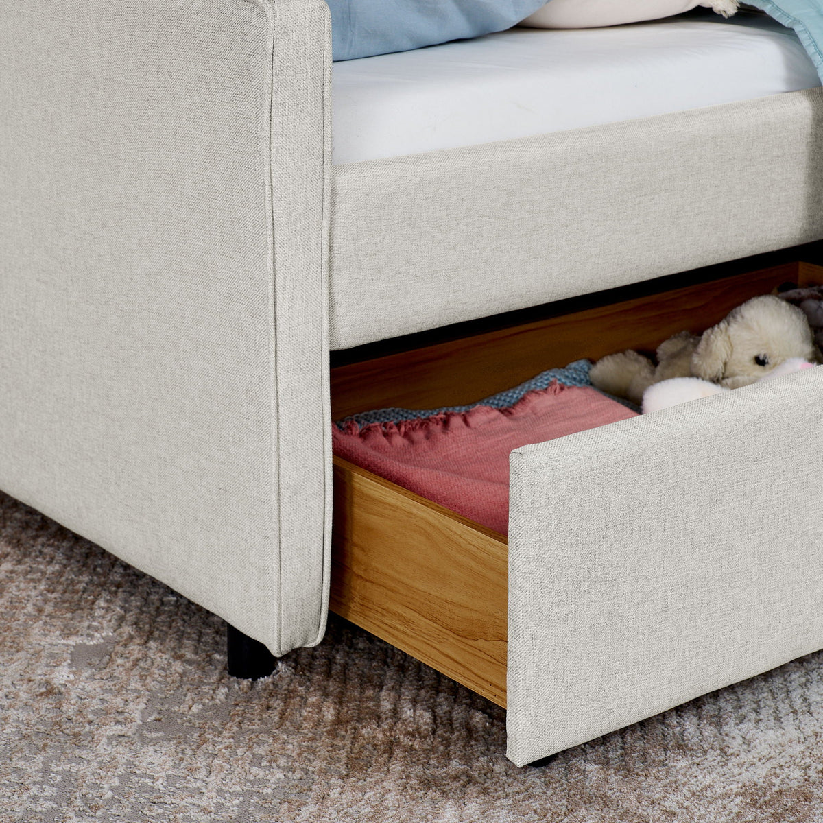 Twin Upholstered Sofa Bed with LED Lights and Storage Drawers - Beige