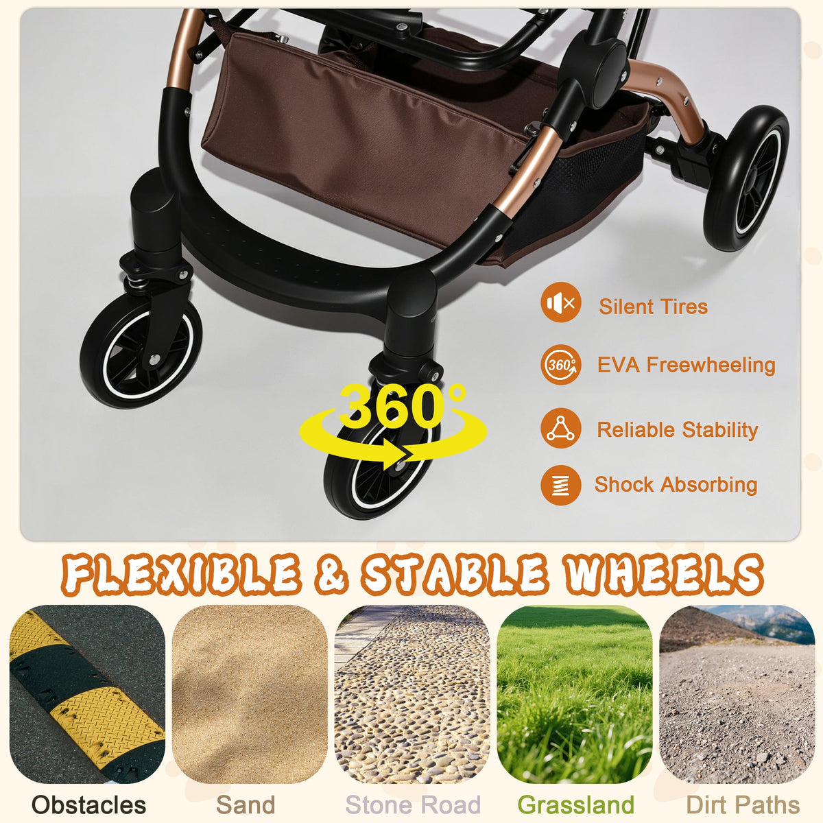 2-in-1 Foldable Pet Stroller with Sun Canopy - Khaki & Gold