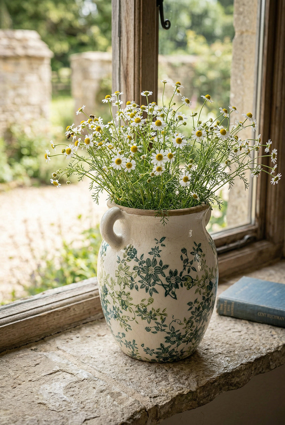 Floral Twin-Handle Vase with Wildflower Design - Ivory