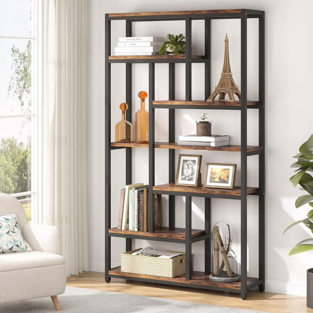 Extra Tall 7 Tier Industrial Etagere Bookcase with 10 Shelves Organizer - Dark Brown or Black