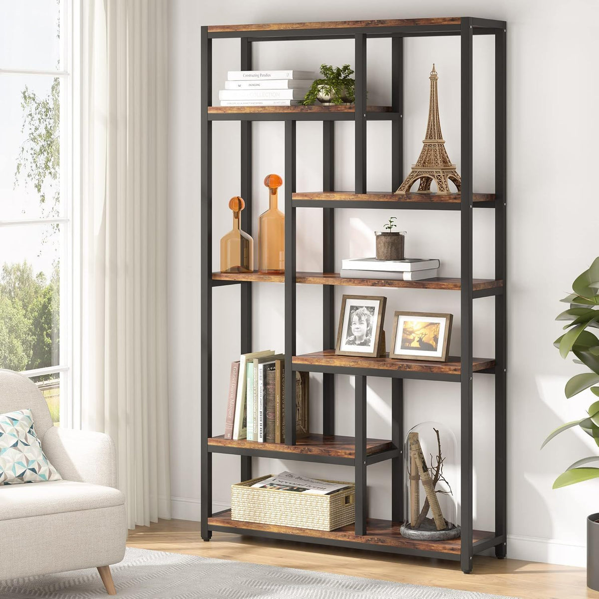 Extra Tall 7 Tier Industrial Etagere Bookcase with 10 Shelves Organizer - Dark Brown or Black
