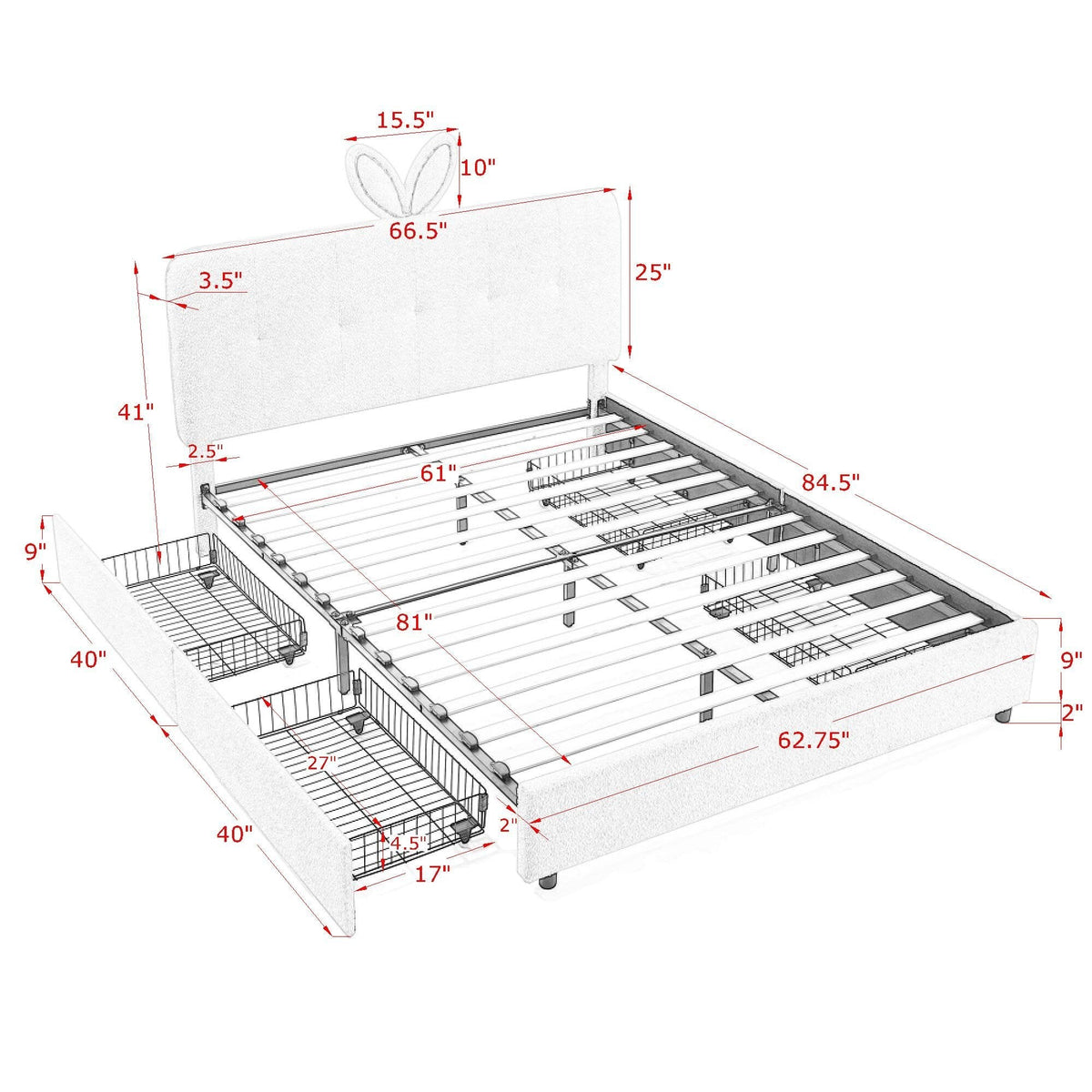 Queen Size Kids Upholstered Bed with Rabbit Ear Headboard & Storage - Boucle