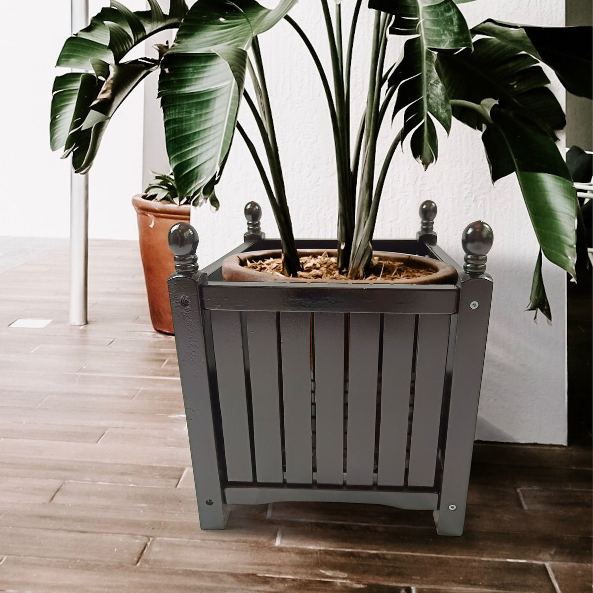 Square Outdoor Planter with Solid Wood Construction - Black