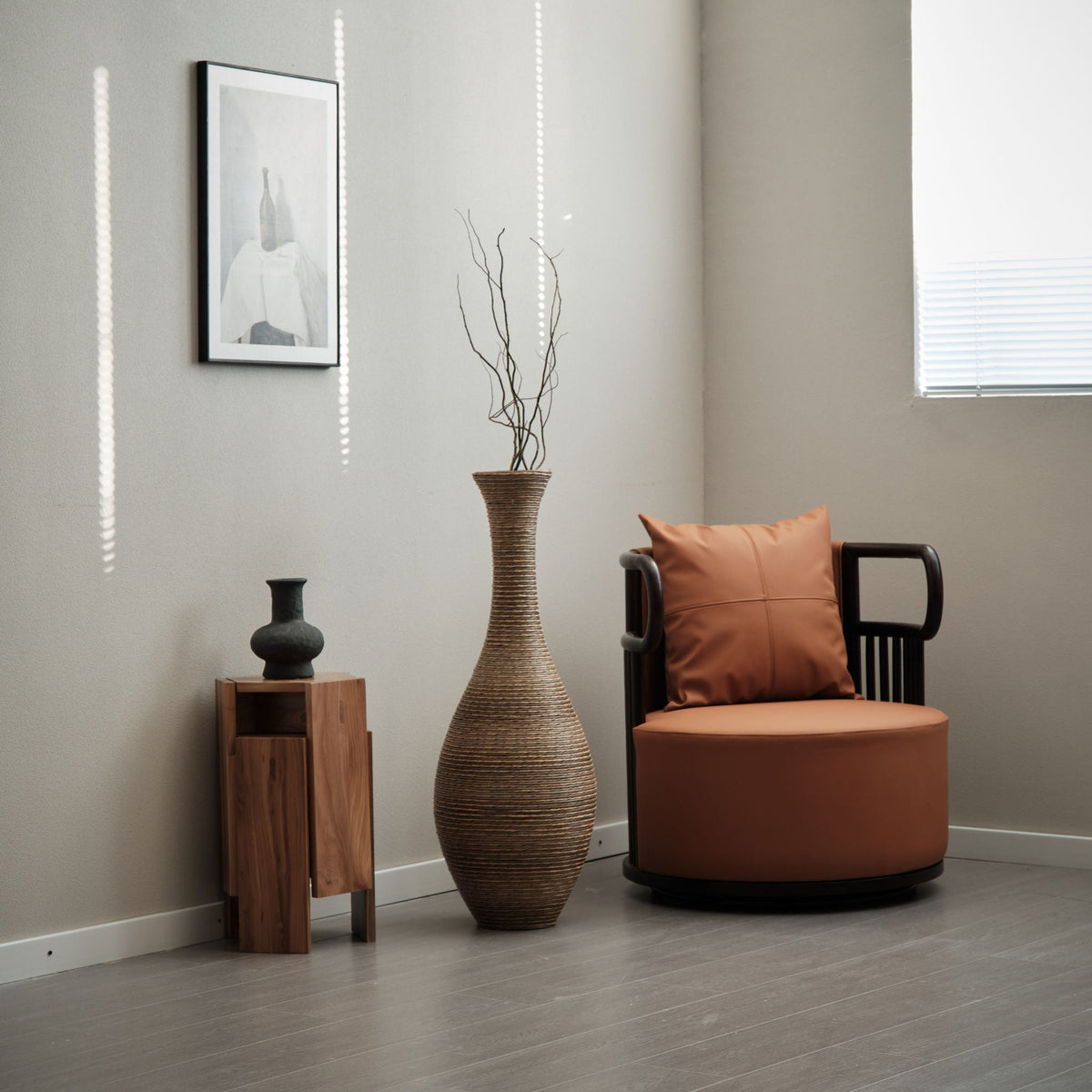 Tall Artificial Rattan Floor Vase with Artistic Design - Beige / Gray
