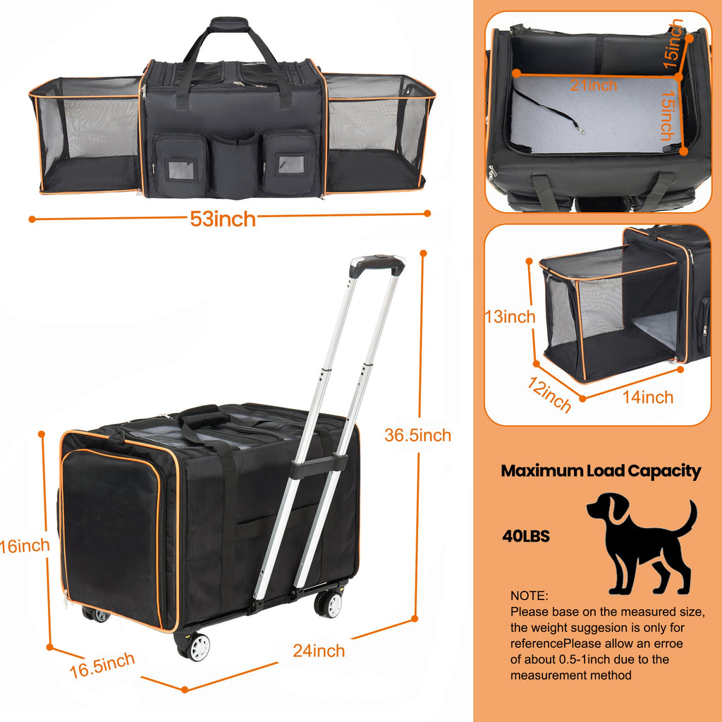 2 in 1 Large Cat Carrier with Rolling Wheels and Expandable Design - Black