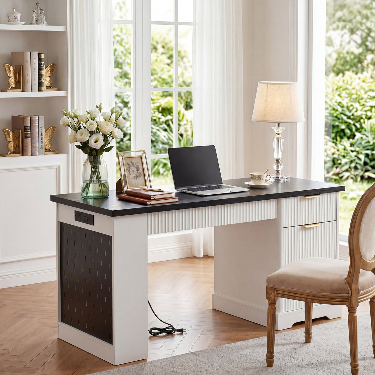 55" Modern Fluted Office Desk with Storage Cabinet & Drawers - MDF