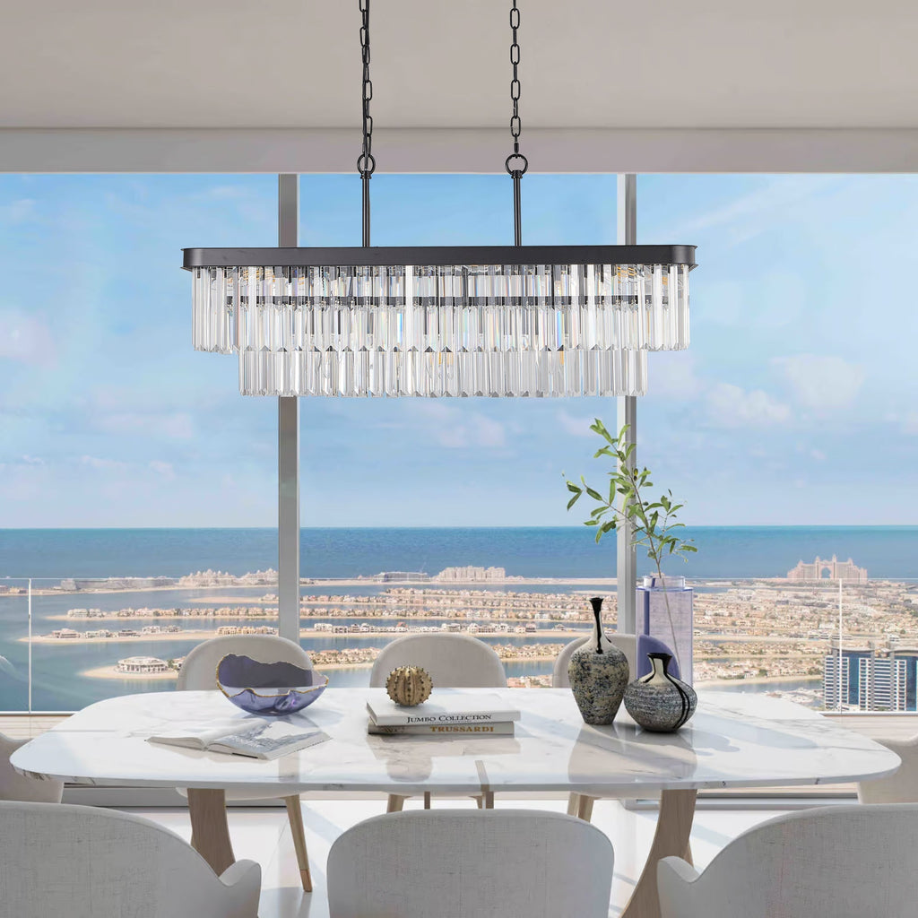 Rectangular Crystal Chandelier with Adjustable Height - Black Iron & Crystal