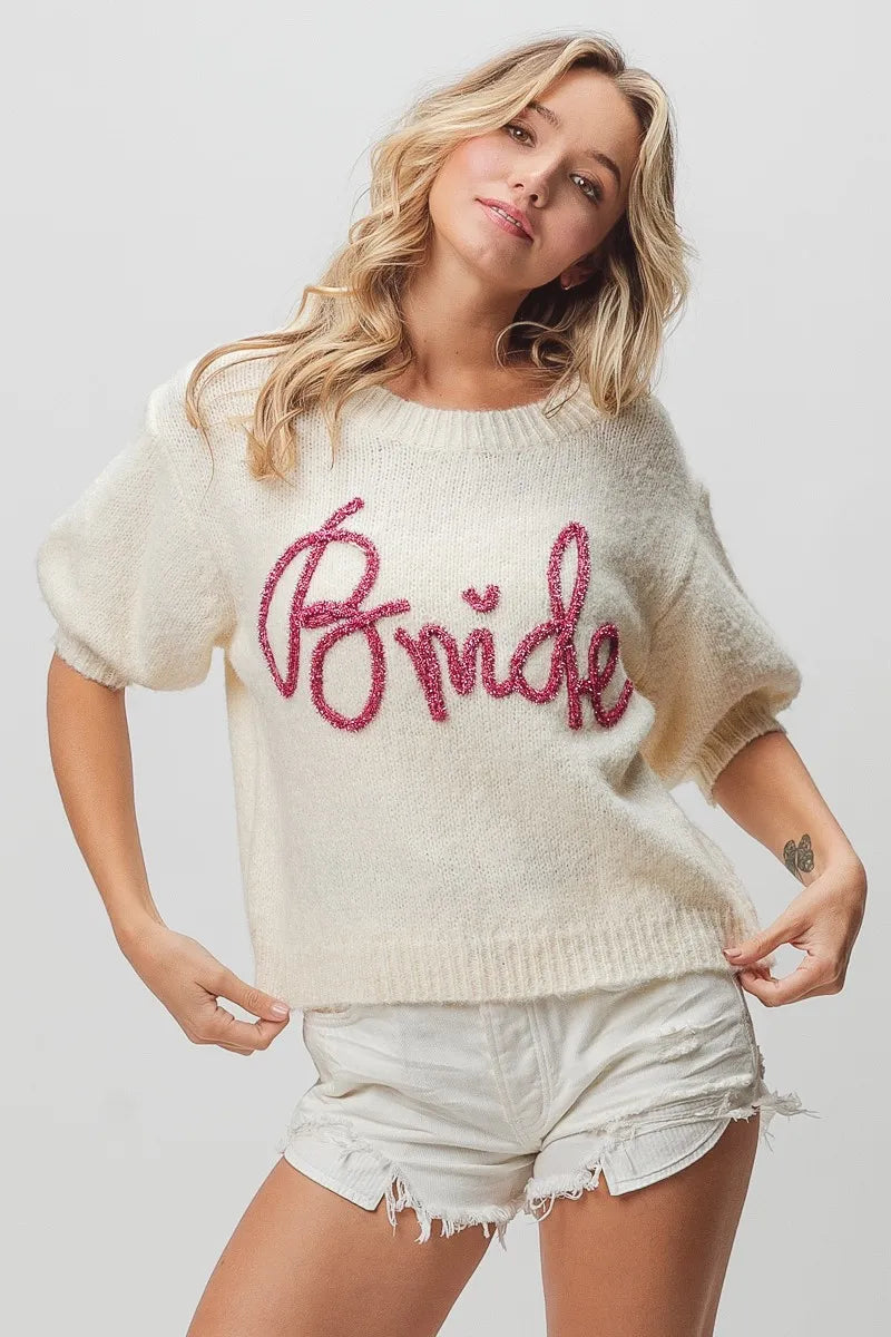 BiBi Metallic Letter Short Puff Sleeve Hairy Sweater