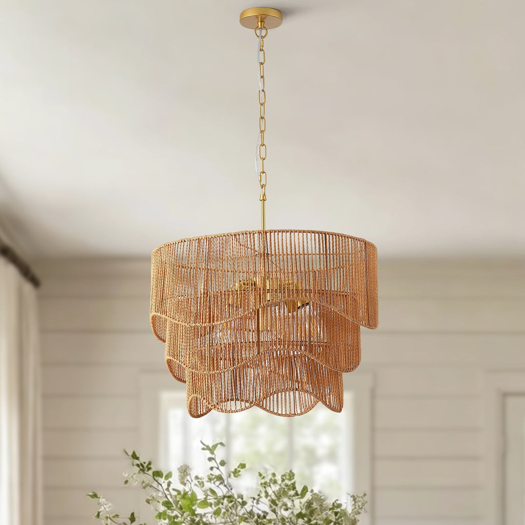 Handwoven Paper Rattan Boho Chandelier with 7-Light E26 Base - Natural