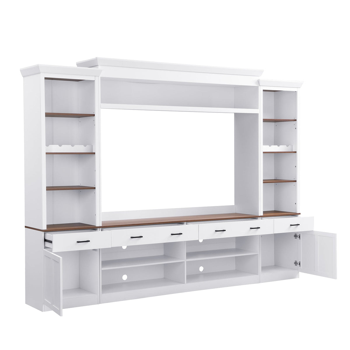 Farmhouse 4-Piece Entertainment Center with Bookshelf for TVs Up to 70" - Walnut MDF