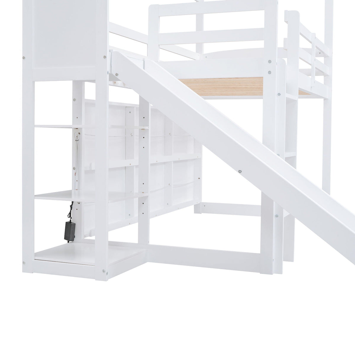 House Loft Bed with Slide and Storage Shelves - Twin with Light