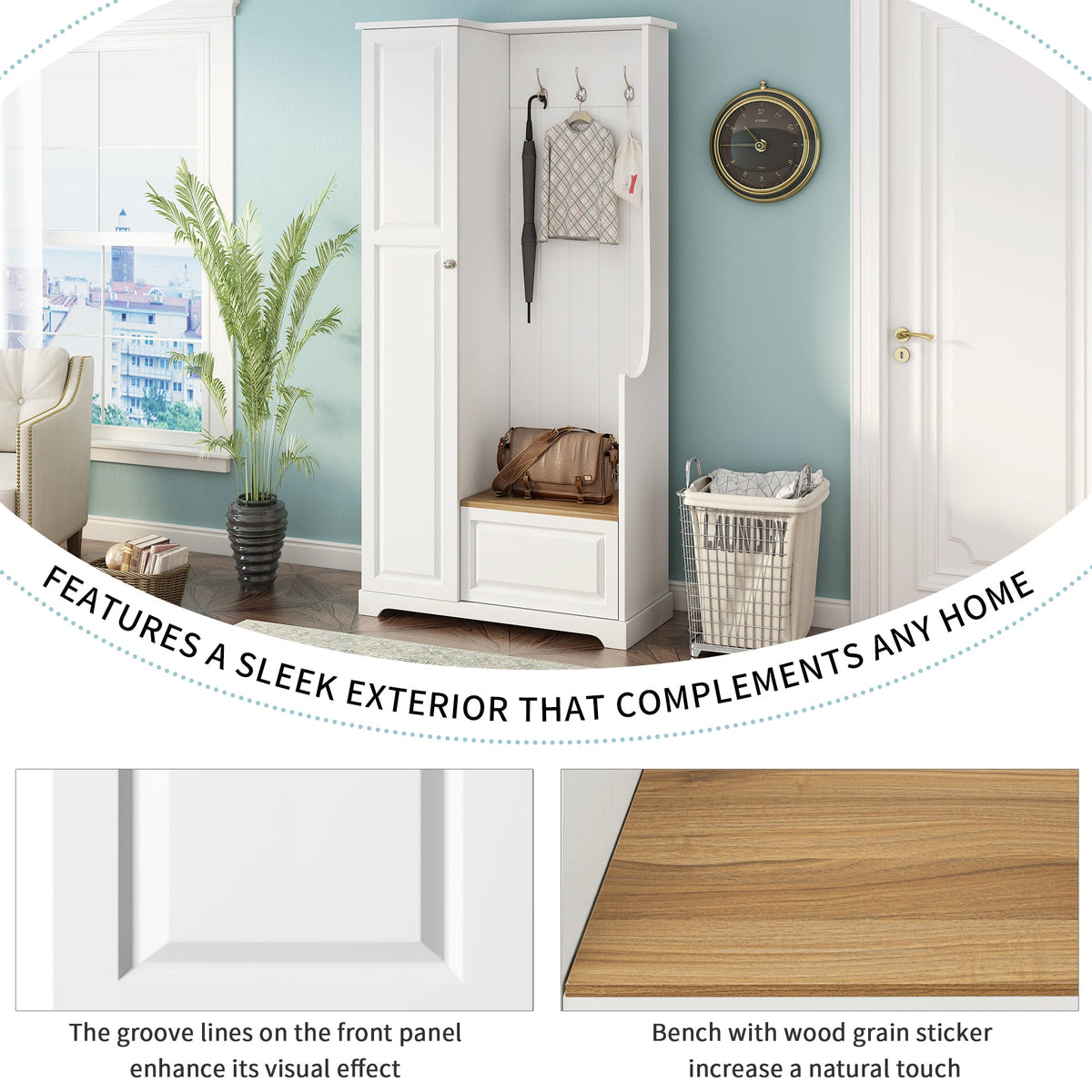 Stylish Design Hall Tree with Flip-Up Bench - Wood Grain Finish