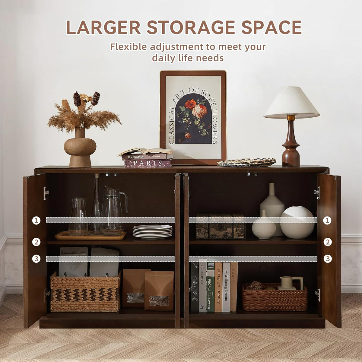 4 Door Accent Cabinet with Solid Wood Carved Doors - Natural Walnut