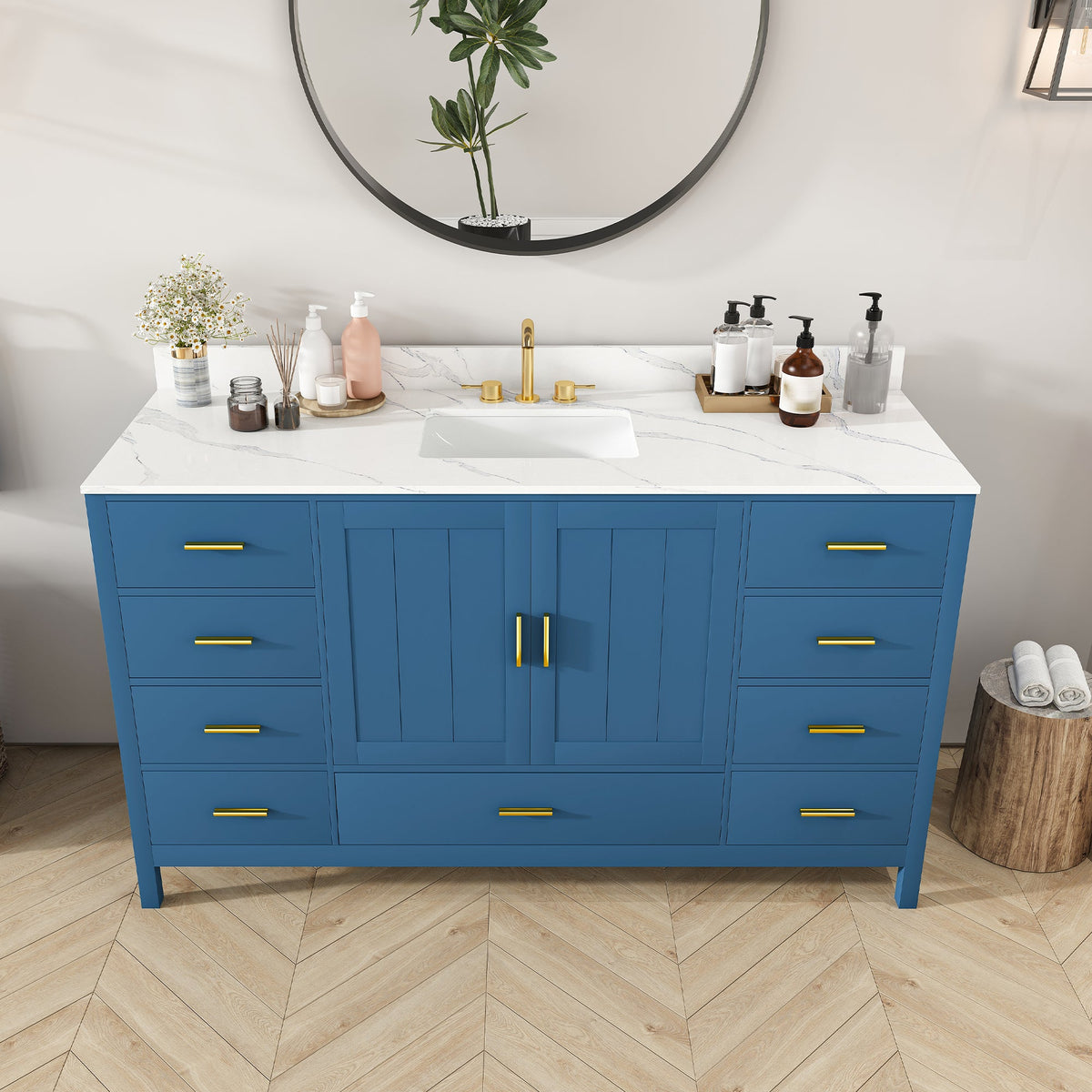 60" Solid Wood Bathroom Vanity with Carrara Sink - Blue or White