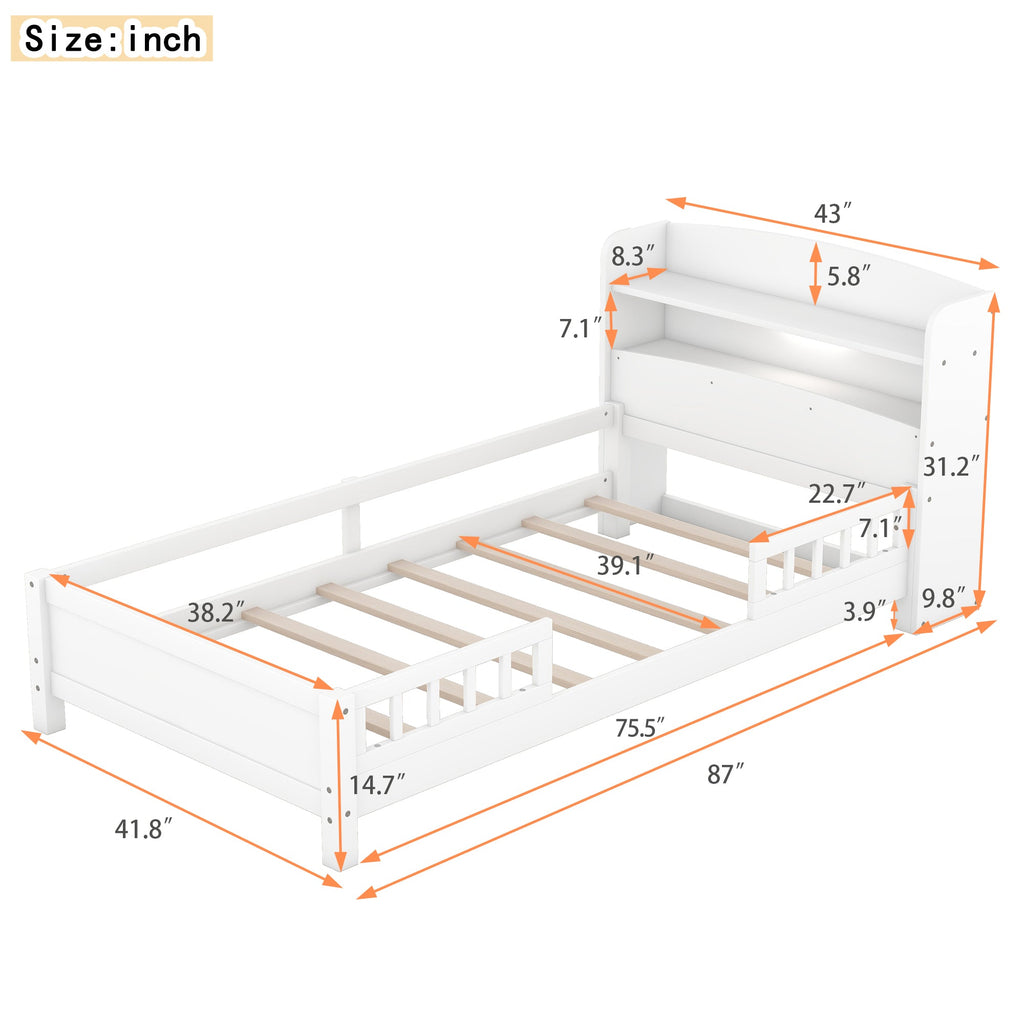 Wood Twin Size Platform Bed with Built-in LED Light, Storage Headboard and Guardrail