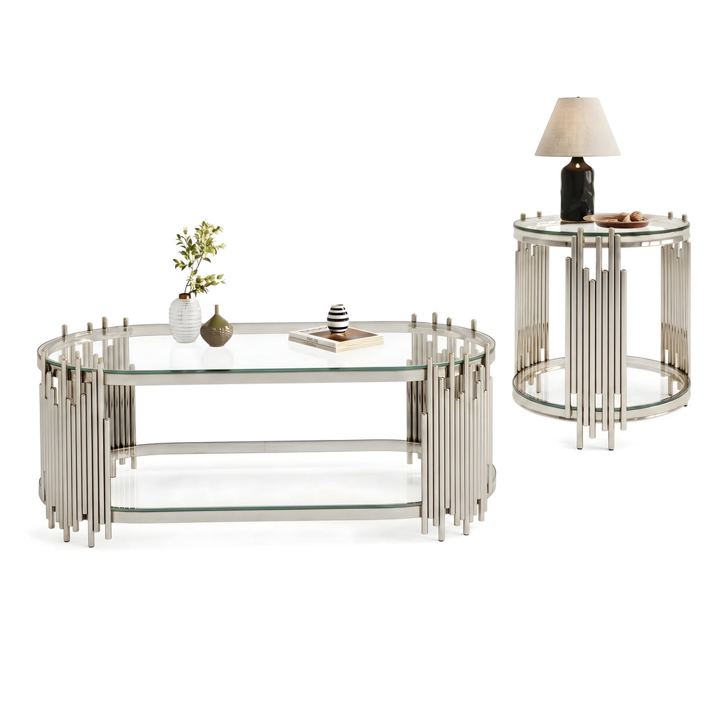 Modern Luxury Coffee Table and Side Table Set with Tempered Glass – Silver or Gold