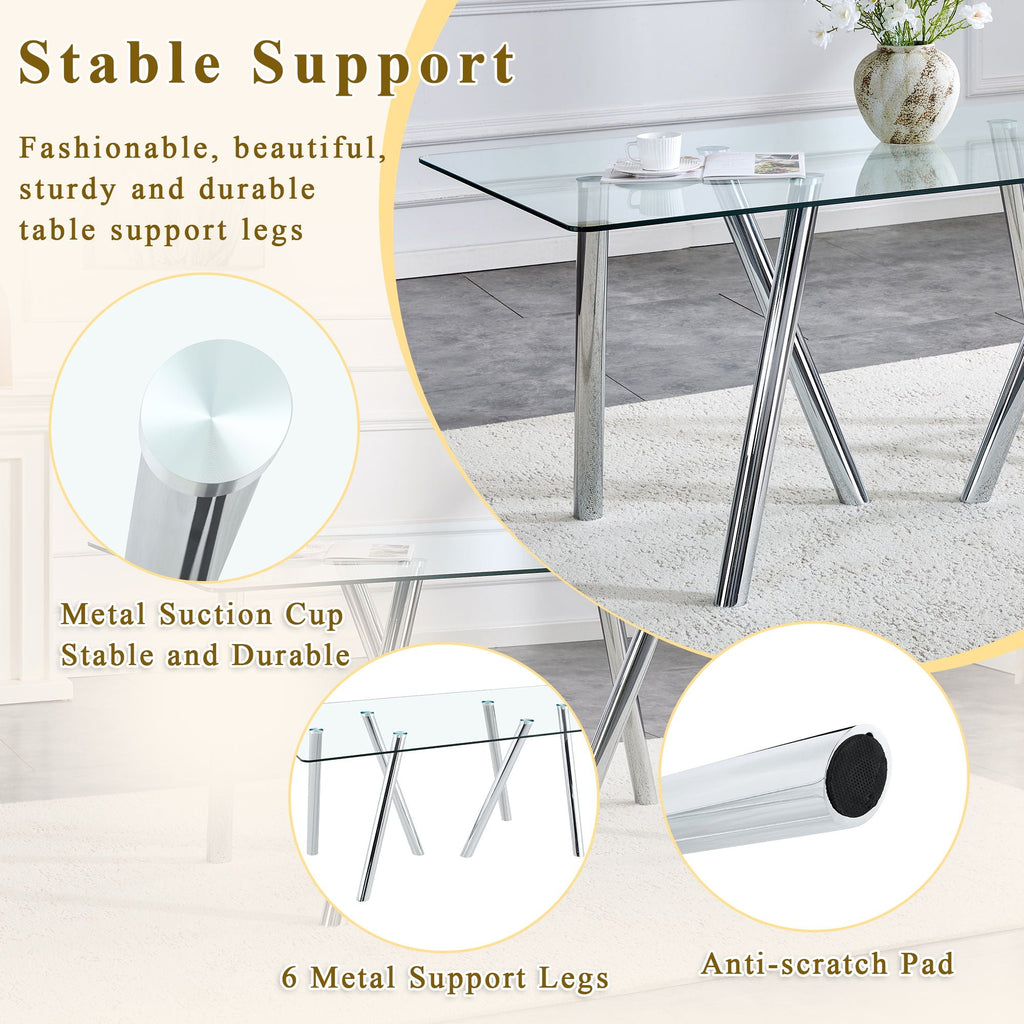 Dining Table with Transparent Tempered Glass Surface – Pearl Silver or Gold