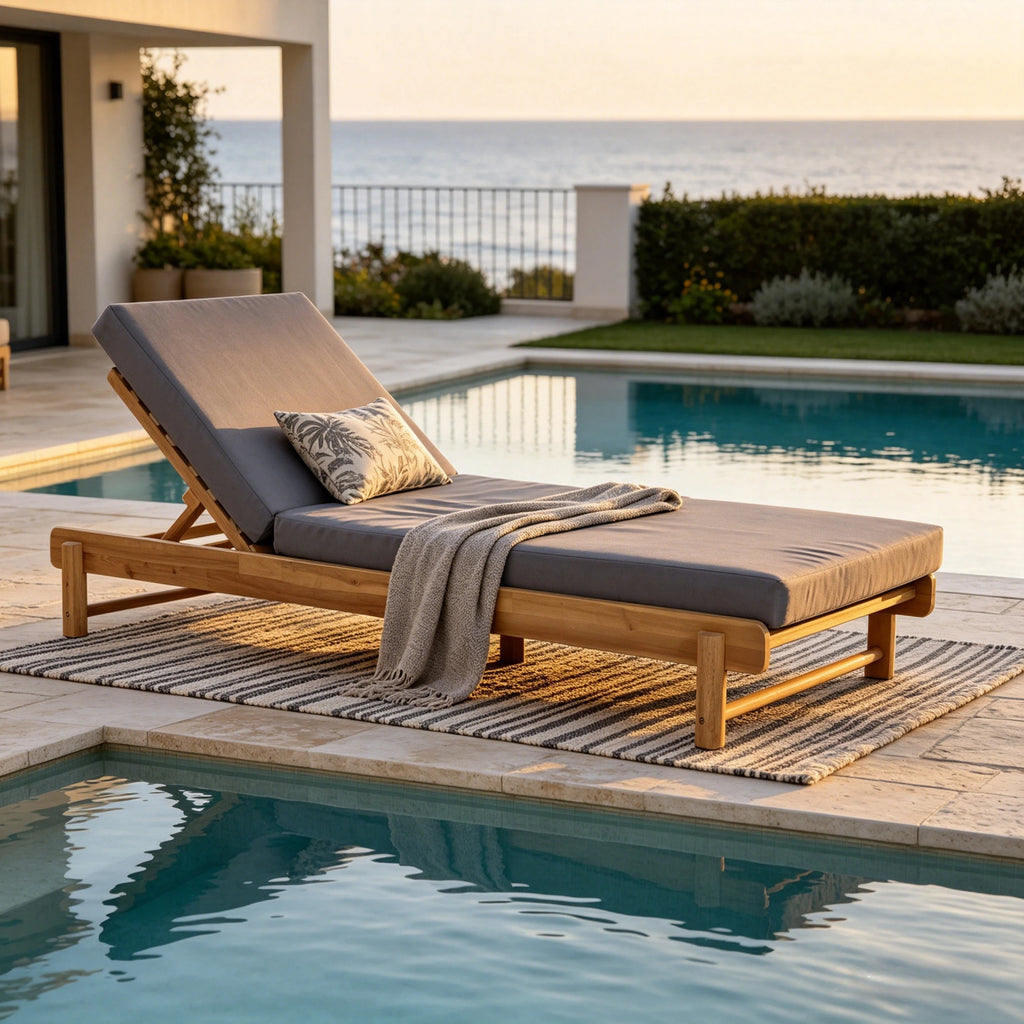 Light Teak Acacia Wood Chaise Lounge Set with Adjustable Backrest - Dark Grey