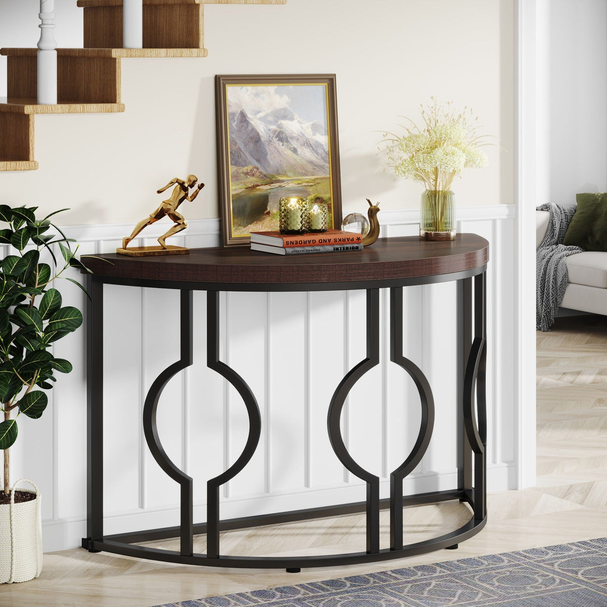 Half Moon Console Table with Geometric Metal Base - Rustic Brown