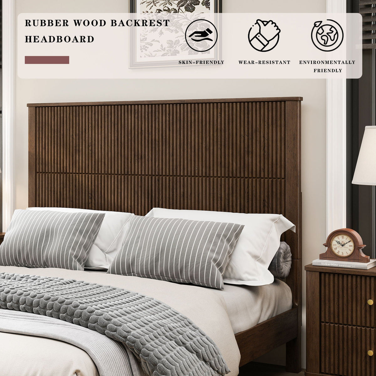 Platform Bed Frame with Tall Headboard - Solid Wood, Queen & King Sizes