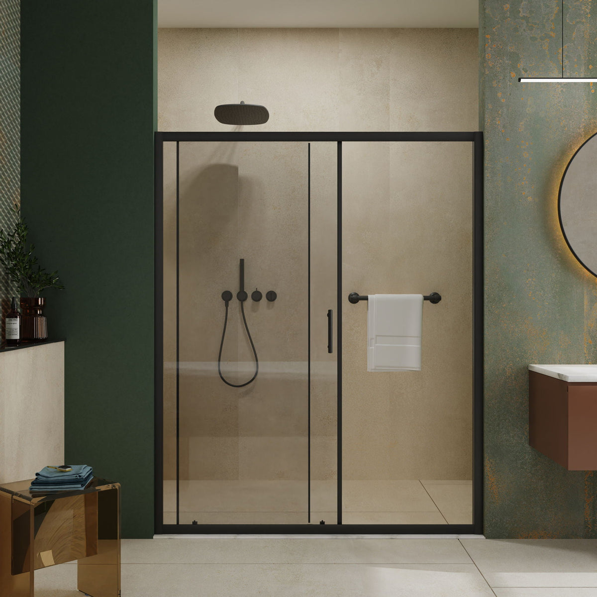 Single Sliding Shower Door with Stainless Steel Handle - Black