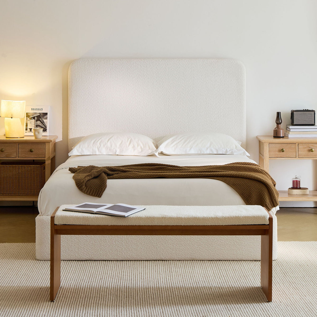 Tall Headboard Upholstered Bed with Metal Frame - King, White